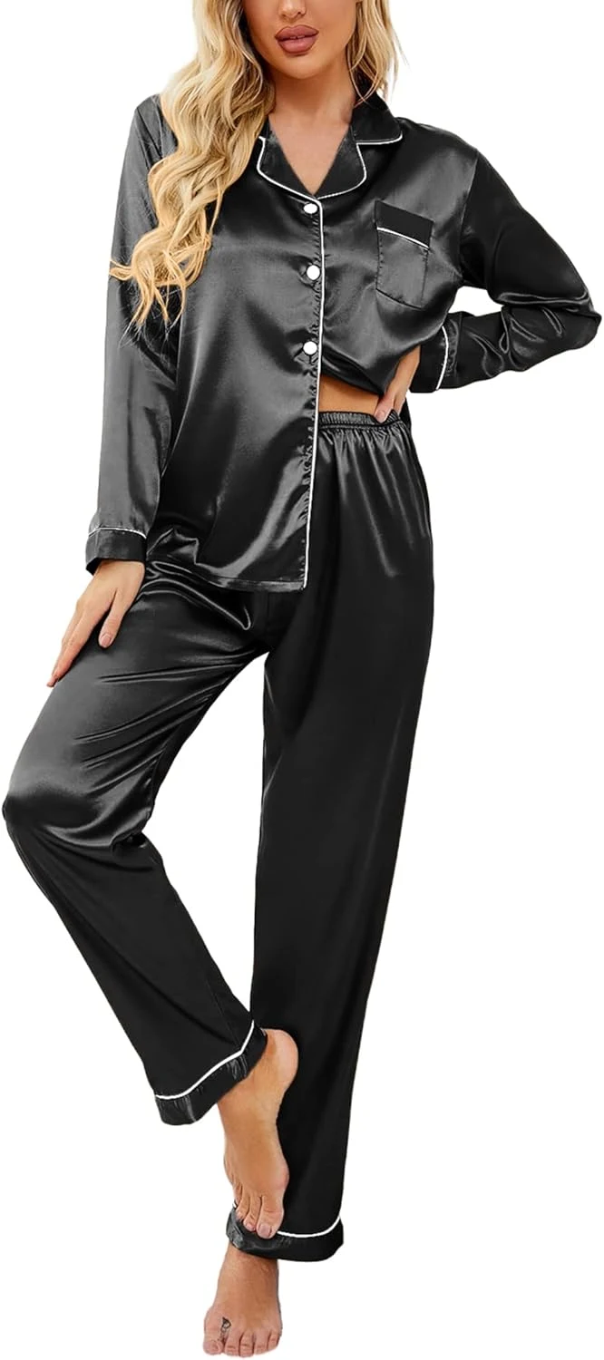Ekouaer Black long-sleeve satin pajama set with full-length pants