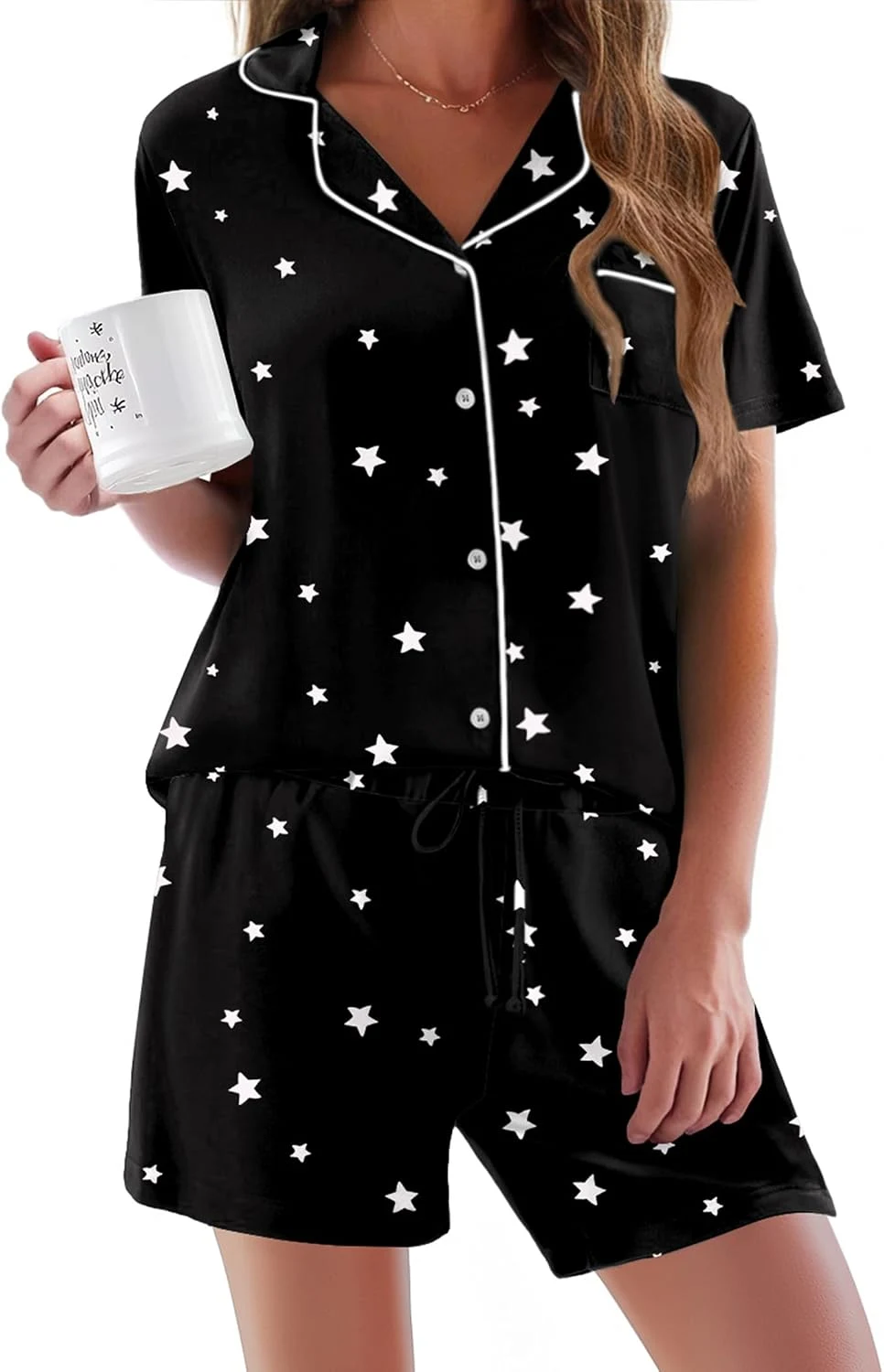 Ekouaer Black With Stars button-down short pajama set