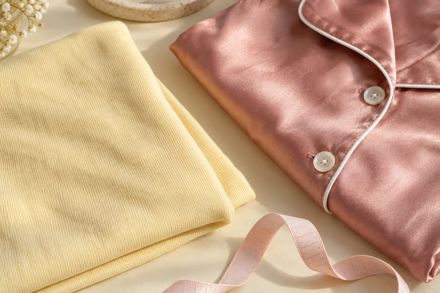 Illustrative cotton knit and satin fabric samples with pajama piping and buttons